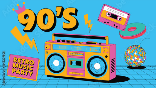 Colorful 90s Retro Music Party Featuring Boombox, Cassette Tape, Disco Ball on Blue Background