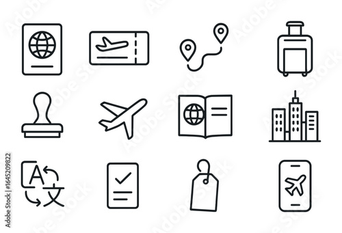 Global Travel Icons. Outline icon set of global travel icons: passport, boarding pass, flight route, suitcase,