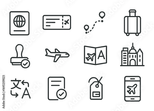 Global Travel Icons. Outline icon set of global travel icons: passport, boarding pass, flight route, suitcase,