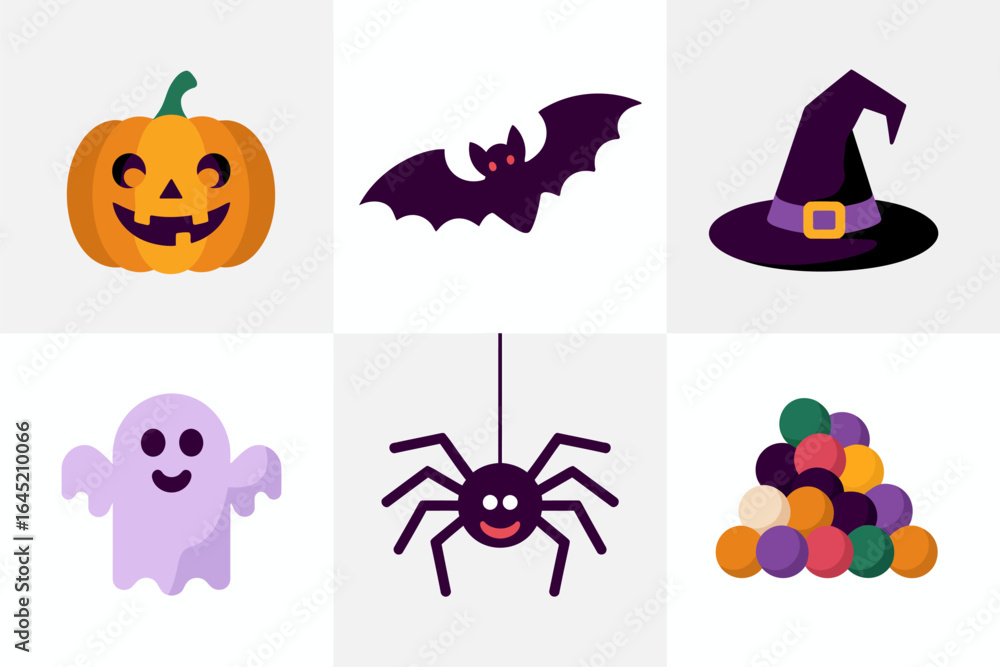 Naklejka premium Halloween icon mix, jack o lantern ghost bat witch hat spider candy, flat vector illustration, cute spooky clipart, party decoration set