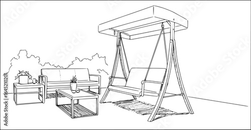 swing, line art, black and white, sketch, minimalist, outdoor furniture