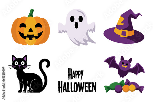 Black cat and bat with pumpkin icons, ghost and witch hat, happy halloween label, festive vector illustration, holiday party design