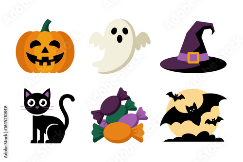 Halloween elements collection, pumpkin ghost witch hat black cat bat candy, festive vector icons, spooky celebration illustration, party decoration design