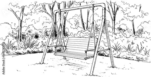 swing, line art, black and white, sketch, minimalist, outdoor furniture