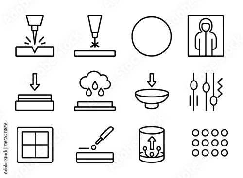Nanofabrication Icon Set. Outline icon set of nanofabrication: lithography beam, etching tool, substrate plate