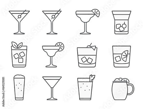 Classic Cocktails Icons. Outline icon set of classic cocktails: Manhattan, martini, daiquiri, mojito,
