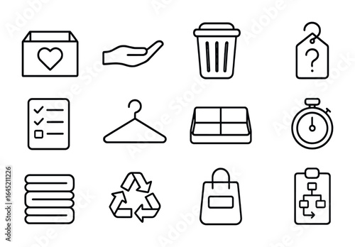 Decluttering Tools Icons. Outline icon set of wardrobe decluttering tools: donate box, keep icon, toss icon,
