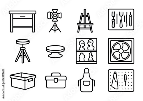 Sculptor's Studio Icons. Outline icon set of studio setup for sculptors: workbench, spotlight, easel, tool