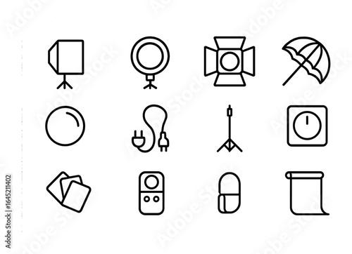 Photography Lighting Icons. Outline icon set of photography lighting tools: softbox, ring light, barn doors,