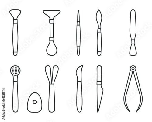 Sculptor's Tools Icons. Outline icon set of sculptor's hand tools: loop scraper, wire cutter, needle tool,