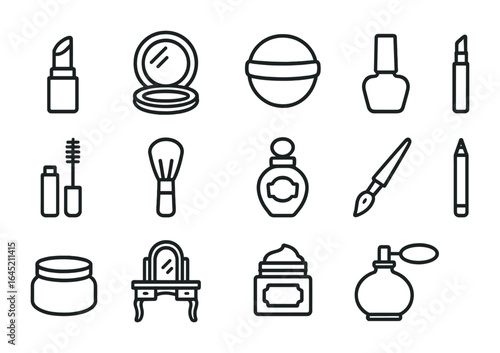 Vintage Beauty Icons. Outline icon set of vintage makeup and beauty: lipstick case, compact mirror, powder