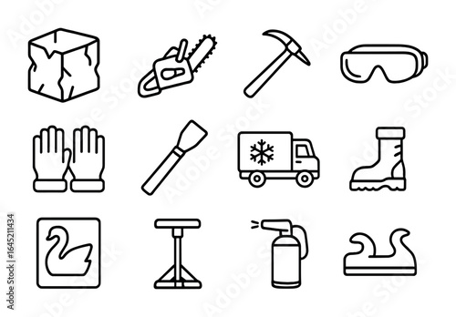 Ice Sculpting Icon Set. Outline icon set of ice sculpting process: ice block, chainsaw, pick tool, protective