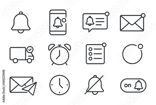 Mobile Push Notification Icons. Outline icon set of mobile push notifications: notification bell, phone screen