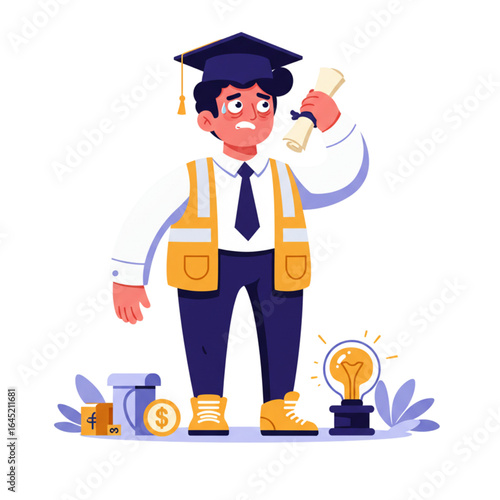 Stressed graduate holding diploma near money and lightbulb symbol, reflecting financial anxiety