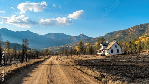 A photograph of a white farmhouse on a dirt road in the middle of a burned forest, with a blue sky and some clouds.