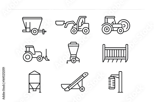 Livestock Equipment Icons. Outline icon set of livestock feeding machinery: feed mixer, trough loader, hay