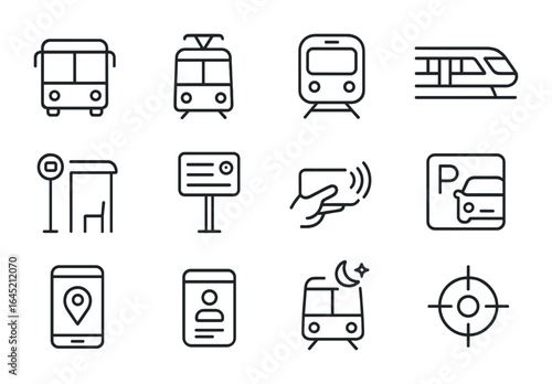 Urban Transit Icons. Outline icon set of urban public transit: city bus, tram, metro train, monorail, bus stop