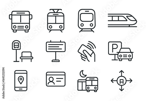 Urban Transit Icons. Outline icon set of urban public transit: city bus, tram, metro train, monorail, bus stop