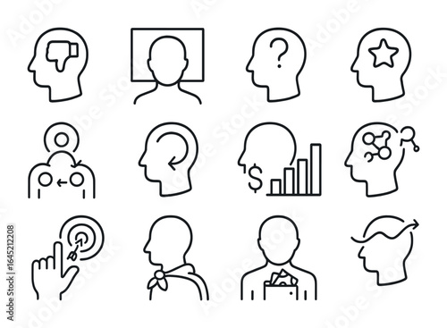 Behavioral Economics Icons. Outline icon set of behavioral economics in market structures: consumer bias,