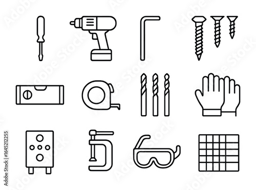 Cabinet Hardware Icons. Outline icon set of cabinet hardware tools: screwdriver, power drill, hex wrench,