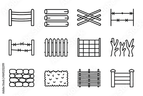 Country Fence Icon Set. Outline icon set of country fence styles: split rail, log fence, zigzag fence, barbed