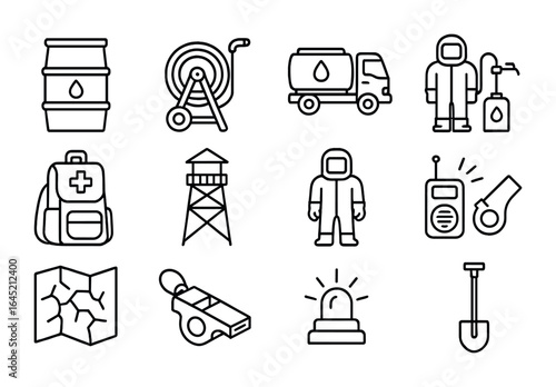 Drought Emergency Tools Icons. Outline icon set of emergency drought tools: water barrel, hose cart, refill