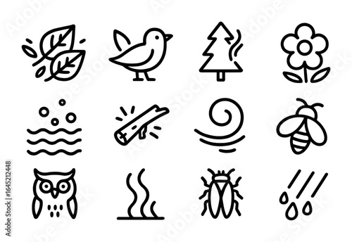 Forest Sound And Scent Icons. Outline icon set of forest sounds and scents: rustling leaves, bird call, pine