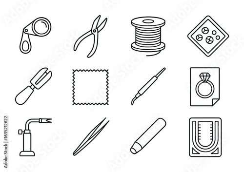 Artisan Jewelry Tools Grid. Outline icon set of artisan jewelry making: jeweler’s loupe, beading pliers, wire