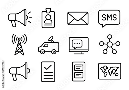Mass Communication Icons. Outline icon set of mass communication: loudspeaker, press badge, email icon, SMS
