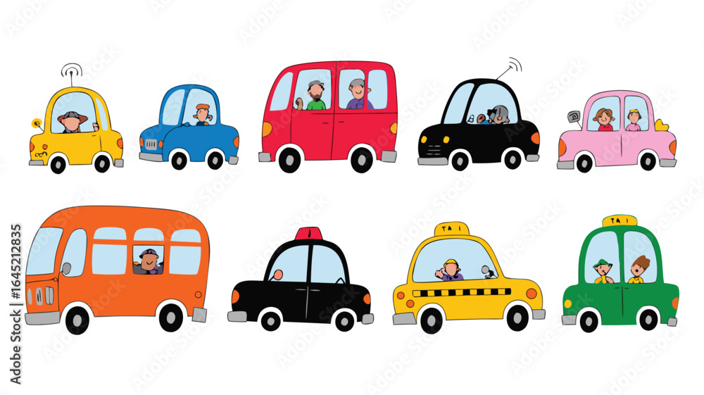 Naklejka premium Cartoon Cars Colorful HandDrawn Vehicles, Including Taxis, A Bus, and Private Cars With Drivers