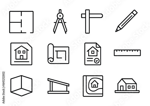 Architectural Icons Grid. Outline icon set of architectural blueprints and tools: floorplan, compass, T-square