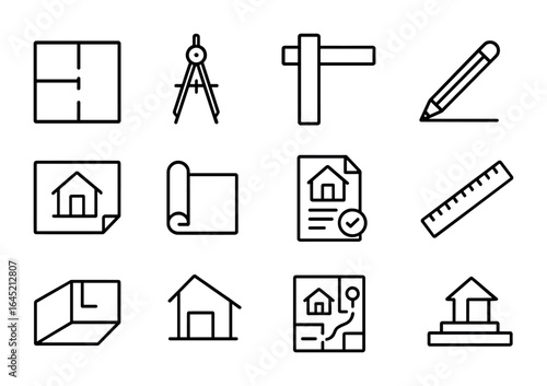 Architectural Icons Grid. Outline icon set of architectural blueprints and tools: floorplan, compass, T-square