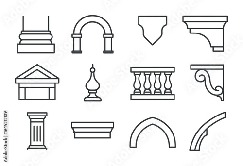 Architectural Icon Grid. Outline icon set of architectural details: column base, archway, keystone, cornice,