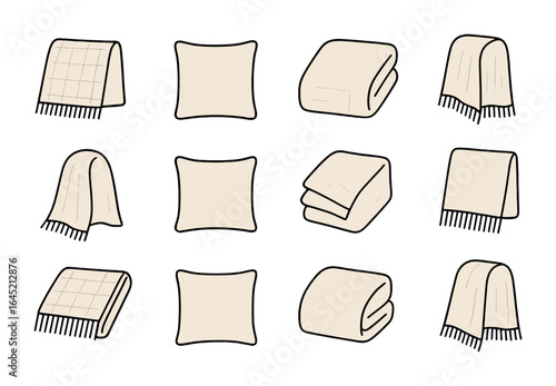 Neutral Decor Icons. Outline icon set of soft neutral living decor: beige throw, ivory cushion, light gray