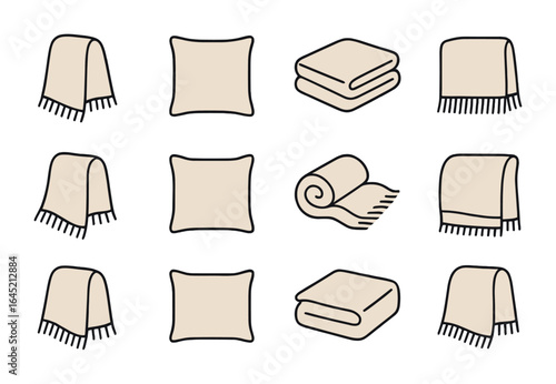 Neutral Decor Icons. Outline icon set of soft neutral living decor: beige throw, ivory cushion, light gray