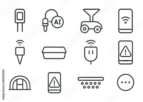 Tech Gardening Icons. Outline icon set of tech gardening tools: nutrient probe, AI switch, mist funnel,