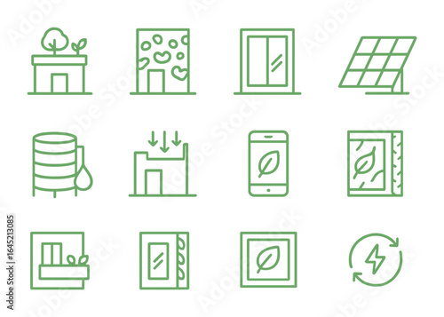 Green Architecture Icons. Outline icon set of green architecture elements: rooftop garden, moss facade,