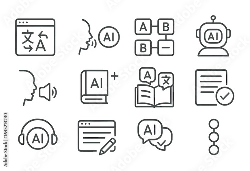AI Language Learning Icons. Outline icon set of AI-powered language learning: translation tool, speech