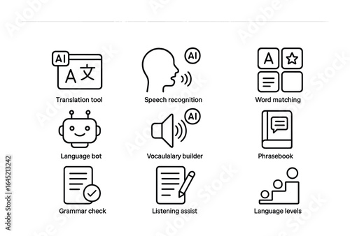 AI Language Learning Icons. Outline icon set of AI-powered language learning: translation tool, speech