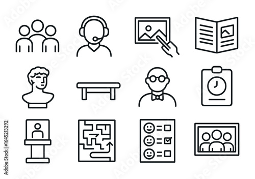 Art Tour Icon Set. Outline icon set of art appreciation tour: guided group, headset guide, art pointer,