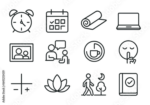Work-Life Balance Icons. Outline icon set of work-life balance tools: alarm clock, calendar sync, yoga mat,