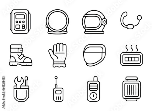 Astronaut Gear Icons. Outline icon set of astronaut gear systems: life support backpack, helmet seal,