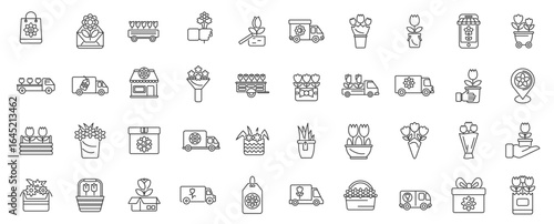 Flower bouquet service line icon set. Vector pictograms of arrangement, vase, wrap, roses, thank, wedding, birthday, sympathy, teddy, bear, chocolate, thin linear illustration