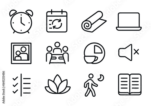 Work-Life Balance Icons. Outline icon set of work-life balance tools: alarm clock, calendar sync, yoga mat,