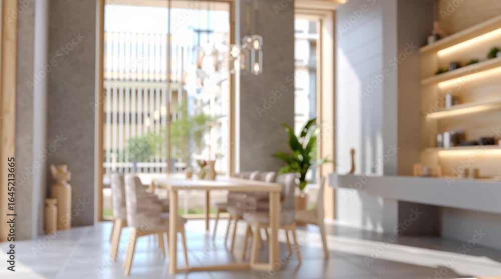 custom made wallpaper toronto digitalModern interior design showcasing a wooden table with decorative elements, transitioning to a spacious dining area with natural light and greenery, illustrating a harmonious living space evolution