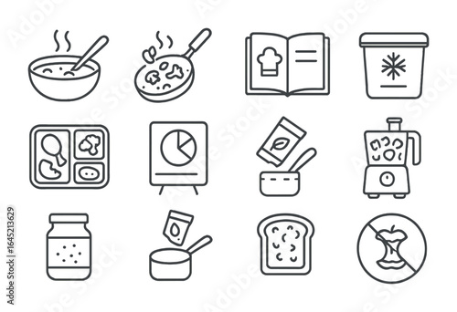 Upcycling Leftovers Icons. Outline icon set of upcycling leftovers: veggie soup, stir-fry pan, recipe book,