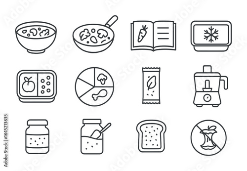Upcycling Leftovers Icons. Outline icon set of upcycling leftovers: veggie soup, stir-fry pan, recipe book,