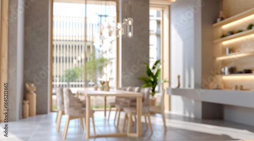 Wallpaper Mural Modern interior design showcasing a wooden table with decorative elements, transitioning to a spacious dining area with natural light and greenery, illustrating a harmonious living space evolution Torontodigital.ca