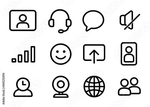 Virtual Communication Icons. Outline icon set of virtual communication tools: video call screen, headset, chat