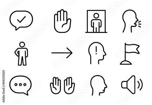 Assertive Communication Icons. Outline icon set of assertive communication: confident speech bubble, stop hand
